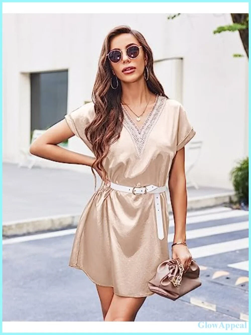Satin Nightgown Short Sleeve Silk Sleepwear V Neck Lace Trim Pajama Dress